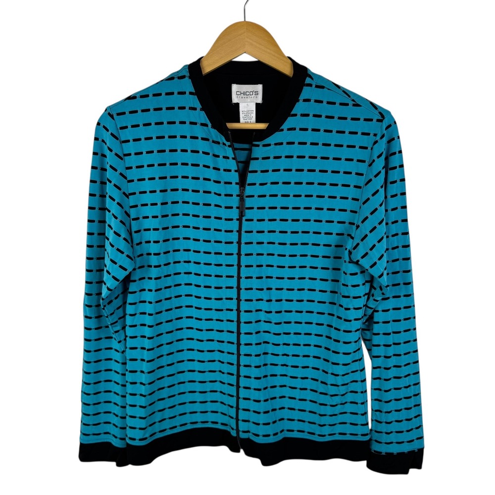 Chicos Travelers Full Zip Jacket Sz 0 Small Blue Black Stripe Slinky Knit Travel